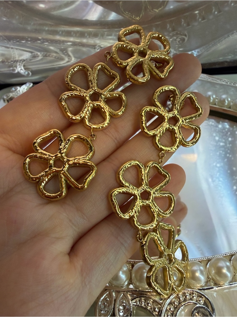 Kenneth Jay Lane Gold Floral Triple-Drop Earrings - Picture 15 of 15